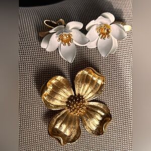 TRIFARI white enamel Set Brooch and earrings white and gold tone
